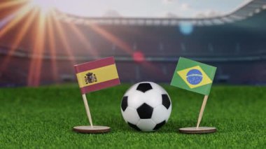 İspanya Brezilya 'ya karşı milli bayraklar, yeşil sahada futbol topu, ve stadyum arka planı, seçkin uluslararası yarışmalar
