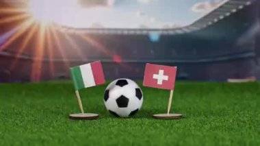 Ulusal bayraklarla İtalya ve İsviçre futbol maçı, yeşil sahada futbol topu ve stadyum arka planı, uluslararası spor rekabetini ve rekabeti sembolize ediyor. yakınlaştır