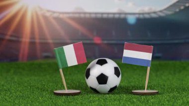 İtalya ve Hollanda milli bayraklarla futbol müsabakaları, yeşil sahada futbol topu ve spor ruhunu temsil eden stadyum arkaplanı