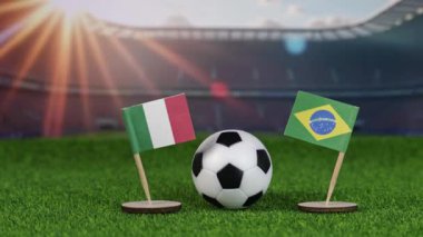 Ulusal bayraklarla İtalya ve Brezilya futbol rekabeti, yeşil sahada futbol topu ve stadyum arka planı, tarihi spor müsabakalarını temsil ediyor.
