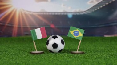 Ulusal bayraklarla İtalya ve Brezilya futbol müsabakaları, yeşil sahada futbol topu ve stadyum arka planı, tarihi spor müsabakalarını temsil ediyor. yakınlaştır