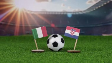 Ulusal bayraklarla İtalya ve Hırvatistan futbol maçı, yeşil sahada futbol topu ve stadyum arka planı, uluslararası spor rekabetini ve rekabeti simgeliyor. yakınlaştır