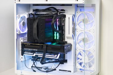 Poznan, Polonya - 30 Mart 2025: GeForce RTX grafik kartı, RGB RAM, sıvı soğutma ve beyaz şaseli birkaç LED çanta hayranının yer aldığı özel yapım yüksek performanslı bir oyun bilgisayarının içi