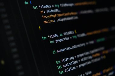 Dosya yönetimi için döngü ve koşullu mantık, boyut, tür ve dizin durumu gibi dosya özelliklerini okumak için Swift programlama kodunun karanlık ekran görüntüleme yakın plan