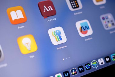 Poznan, Polonya - 15 Mayıs 2025: Tablet arayüzündeki parola uygulama simgesi, kişisel güvenlik, girişlerin yönetimi ve çevrimiçi gizliliğin sağlanması için temel özellikleri gösteren