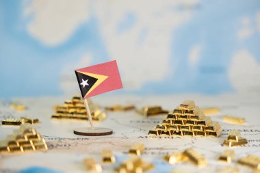 Timor-Leste 'nin küçük bir bayrağı, küresel ekonomik güç ve yatırım olanaklarını gösteren yığınla altın külçesiyle bulanık bir dünya haritasına yerleştirildi.