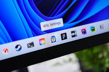 Poznan, Polonya - 6 Haziran 2025: WSL Ayarları uygulama simgesi ile etkileşen bir fare imlecinin ayrıntılı görünümü, esnek modern hesaplama çözümleri sergiliyor