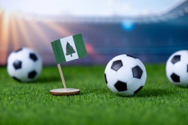 Norfolk Adası 'nın minyatür ulusal bayrağı klasik siyah-beyaz futbol toplarının yanında suni çim üzerinde duruyor ve küresel atletizm olaylarını simgeliyor.