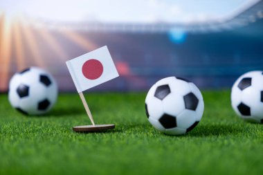 Stadyum zeminindeki yapay yeşil çimlere yerleştirilmiş minyatür Japon bayrağı ve futbol topları, ulusal gurur ve büyük uluslararası futbol etkinliklerine katılım gösteriyor.