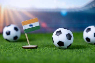 Yeşil stadyum çimenleri küçük bir Hint bayrağı ve geleneksel futbol toplarına ev sahipliği yapıyor. Spor hevesi, vatanseverlik ve yaklaşan küresel turnuva etkinliklerini betimliyor.