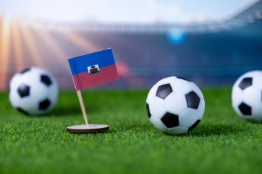 Küçük Haiti bayrağı ve yemyeşil çimlerin üzerinde minyatür futbol topları, canlı bir stadyumdaki şampiyonluk turnuvasının heyecanını ve ulusal gururunu resmediyor.
