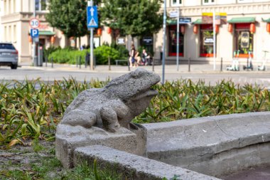 Poznan, Polonya - 18 Haziran 2025: Beton ekiciye entegre edilmiş taştan bir kurbağa heykelinin yakınlaştırılması, kent yeşil alanının şehir sokak arkaplanıyla yakalanması