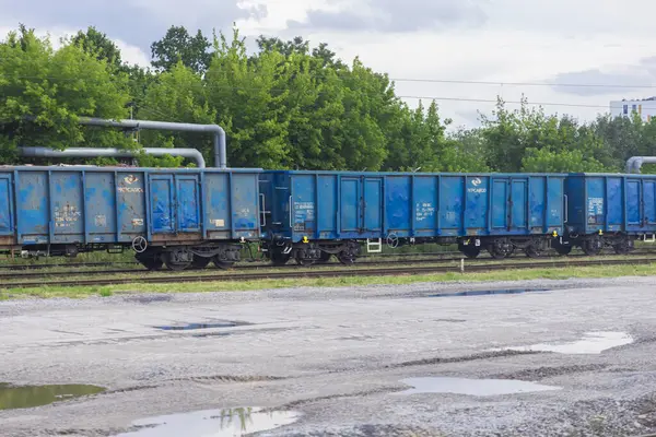 Poznan, Polonya - 13 Temmuz 2025: PKPCARGO mavi yük vagonları, ağır sanayi lojistik ve kargo taşımacılığının hayati önemini vurgulayarak tren rayları üzerinde sabit duruyorlar