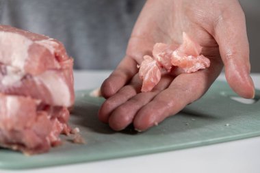 Yeşil bir kesme tahtasının üzerinde çiğ et parçaları tutan bir elin yakın görüntüsü, sağlıklı beslenme ve ev yemeği hazırlama için taze proteini temsil ediyor.