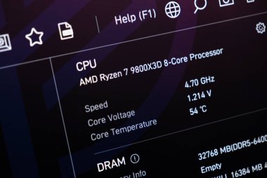 Poznan, Polonya - 20 Temmuz 2025: AMD Ryzen 79800X3D 8-çekirdekli işlemci performansını gösteren bir bilgisayar monitörünün detaylı görüntüsü, PC sistem analizi ve inşası için kritik önem taşıyor