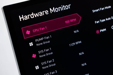 Poznan, Polonya - 20 Temmuz 2025: PC optimizasyon ve teknik analiz için 900. devirde CPU fan hızını gösteren dijital bir donanım monitörünün yakın çekimi