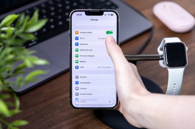 Poznan, Polonya - 29 Temmuz 2025: iPhone 'da modern dijital arayüzü, ios 26 ve Sıvı Cam' ı vurgulayan bir parmak ayarlama seçeneğini gösteren ayarlar