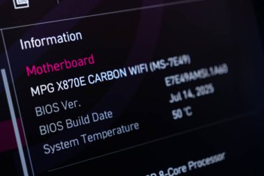 Poznan, Polonya - 29 Temmuz 2025: Çeşitli bilgisayar donanım teşhislerini gösteren dijital ekrana yakın çekim, spesifik ana kart detayları, BIOS ayarları ve operasyonel sıcaklık