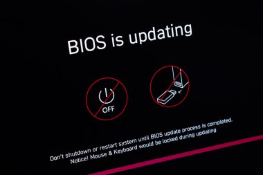 Poznan, Polonya - 29 Temmuz 2025: BIOS güncelleme sürecinden geçen ve hasar önleme ve sistem bütünlüğünü sağlama yönündeki hayati talimatları gösteren bir bilgisayar ekranının ayrıntılı görünümü