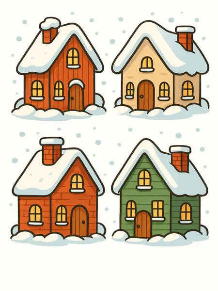 Kar ve karla kaplı dört ev ve kar seti. vektör illüstrasyonu