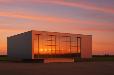 Günbatımı gökyüzü olan modern bina