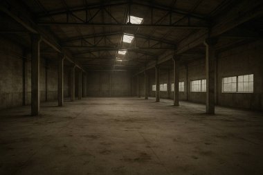 Boş sanayi odasının karanlık iç kısmı, 3 boyutlu.