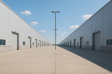 Modern endüstriyel depo, 3 boyutlu.