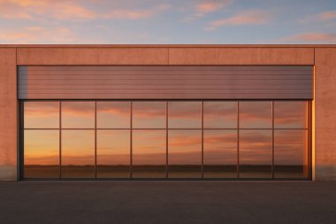 3 boyutlu boş garaj kapısı ve kırmızı duvar..