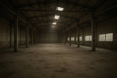 Koyu beton zemin ve beton duvarlarla dolu boş bir depo..