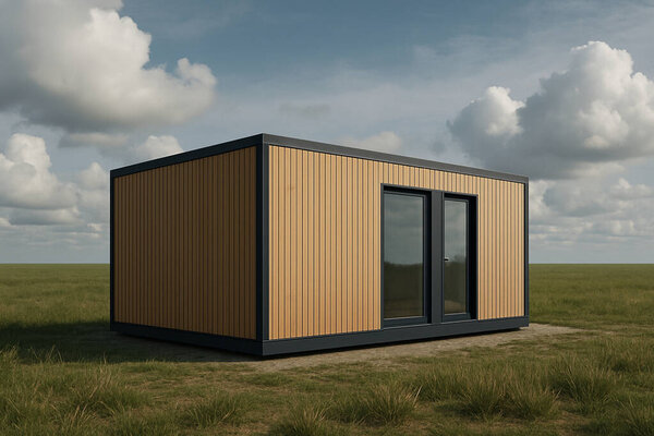 современный деревянный дом в поле. 3 d рендеринг, 3 d иллюстрация