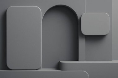 Modern podyumun 3 boyutlu görüntüsü asgari düzeyde. Soyut arkaplan. Ürün gösterimi için kaide. güzel marka.