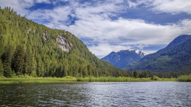 Waterfalls on the cliffs overlooking the scenic Stafford Estuary Conservancy at the head of Loughborough Inlet, on the west coast of British Columbia. clipart