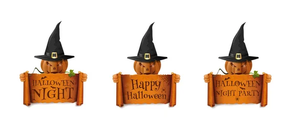 Conjunto Ícones Abóboras Halloween Abóbora Sorridente Halloween Detém Velho Pergaminho — Vetor de Stock