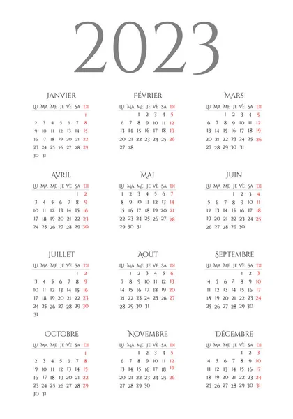 Kalendář Roku 2023 Francouzštině Dny Týdnu Jsou Vrcholu Týden Začíná — Stockový vektor