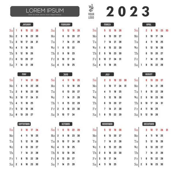 Calendar English 2023 Days Week Located Left Week Begins Sunday — Stock Vector