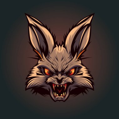 Kızgın saldırgan tavşan, yanan gözler ve kanlı dişler. Renkli logo, düz biçim, 2d vektör illüstrasyonu