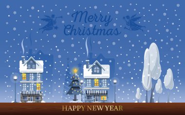 Karlı bir kış şehri. Mutlu Noeller ve mutlu yıllar. Noel kartı. Vektör illüstrasyonu