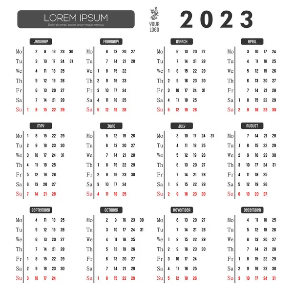 Calendar English 2023 Days Week Located Left Week Begins Monday — Stock Vector