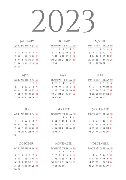 Calendario 2023 Inglés Los Días Semana Están Cima Semana Empieza — Vector de stock