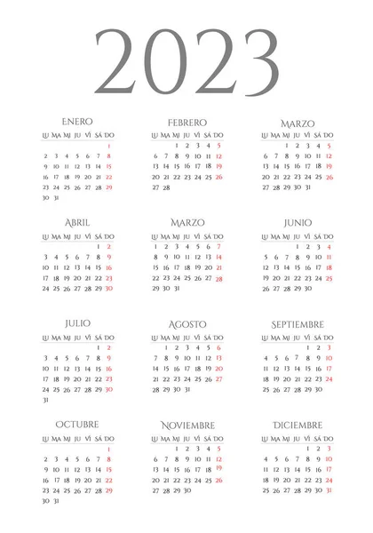 Календар 2023 Року Іспанською Мовою Дні Тижня Верхній Частині Понеділок — стоковий вектор