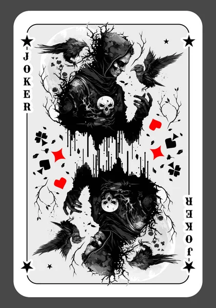 Spaßvogel Oder Spaßvogel Karte Kartenspiel Narr Mit Totenkopf Der Hand — Stockvektor