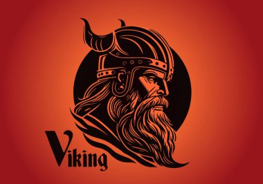Boynuzlu bir kaskın içindeki Viking 'in yüzü. İskandinav savaşçı logosu tasarımı. Vektör illüstrasyonu