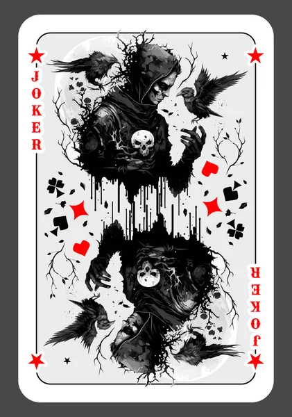 Joker Jester Card Deck Cards Jester Skull His Hand Surrounded — Stock Vector