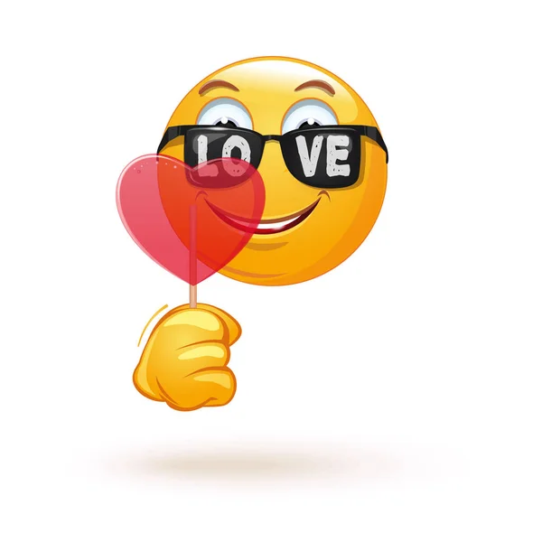 Emoji Sunglasses Inscription Love Romantic Emoticon Holds Hand Big Red — Stock vektor