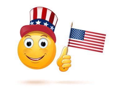 Komik emoji ABD 'nin Bağımsızlık Günü' nü kutluyor. Sams Amca 'nın şapkasında gülen surat ve elinde ABD bayrağı