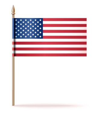 ABD bayrak ikonu. Amerikan bayrağı. ABD bayrağı altın bir bayrak direğinde, beyaz üzerine izole edilmiş.