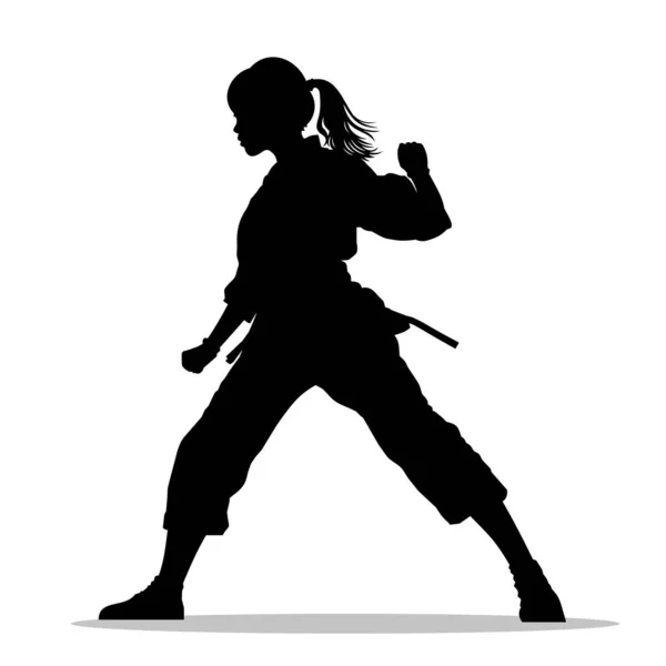 Σιλουέτα Ενός Μικρού Κοριτσιού Κιμονό Που Ασχολείται Πολεμικές Τέχνες Καράτε — Διανυσματικό Αρχείο