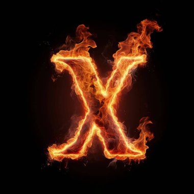 Büyük harf X, bir alevden oluşur. Yanan X harfi. Siyah arkaplanda ateş alfabesi harfi.