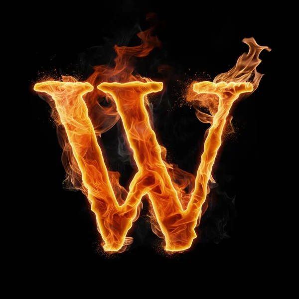 由火焰组成的大写字母W 燃烧的字母W 黑色背景的火警字母 — 图库照片