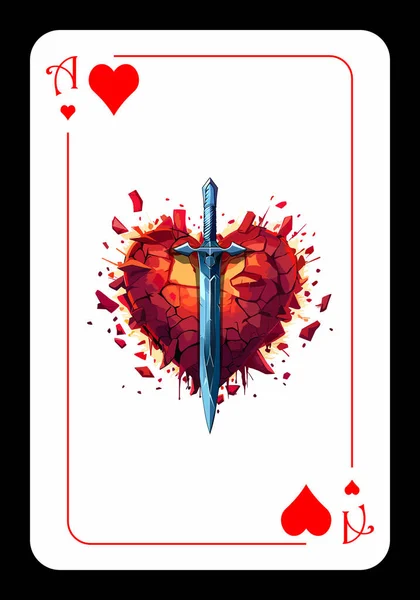 スペードオリジナルトランプデザインのエース 赤い心臓が崩壊した背景にある剣のイメージを持つ心臓のエース ベクトルイラスト — ストックベクタ
